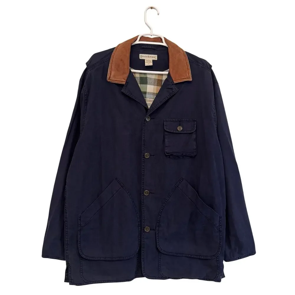 VTG Banana Republic Leather Collared Plaid Lined Chore Jacket Blue MED Utility